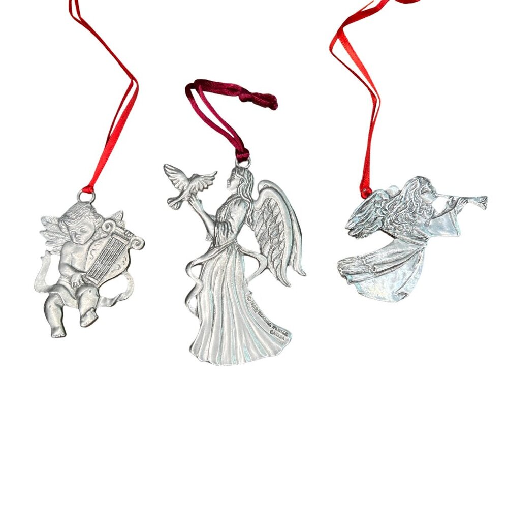 Seagull Pewter Angel & Cherub Christmas Ornaments Set Of 3 Red Ribbon Canada